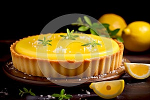 Closeup small piece lemon tart and lemons on the table with dark background. Generative AI