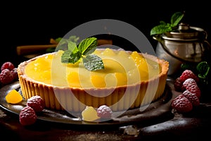 Closeup small piece lemon tart and raspberries on the table with dark background. Generative AI