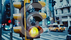 Closeup of a smart traffic light equipped with sensors and cameras illustrating the use of smart technology to improve