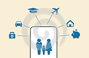 Closeup of smartphone with family symbol. Beige background with icons of car, family, airplane, house, piggy bank and
