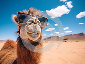 closeup of smiling camel with glasses in desert