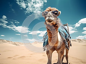 closeup of smiling camel with glasses in desert