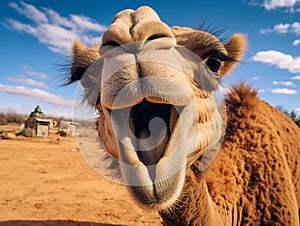 closeup of smiling camel with glasses in desert