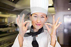 Dettagliato da una donna Cucinare gesticolando Va bene 