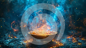 A closeup of smoke rising from a cauldron with the Philosophers Stone resting inside depicting the alchemical process of