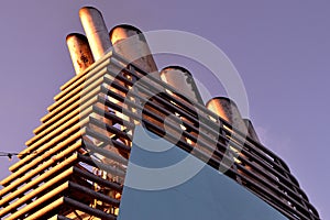 Closeup of a smokestack of a cruise ship