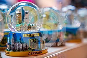 Closeup of snow globes in the Christmas market in Frankfurt, Germany