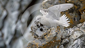 Closeup of a snow petrel perched on a rocky outcrop its wings slightly extended as it prepares to take off into the bery