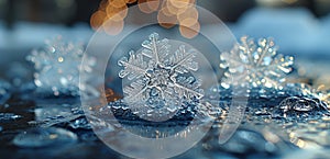 Closeup of a snowflake landing on a surface resembling the delicate footwork of the whirling dervishes in a flurry photo