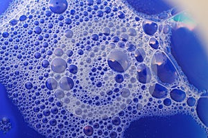 Closeup of soap foam bubbles. Big and little bubbles. Routine of housekeeper