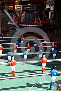 Closeup of soccer table football players in funfair carnival