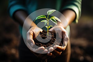 closeup of soil with a young green plant in female hands