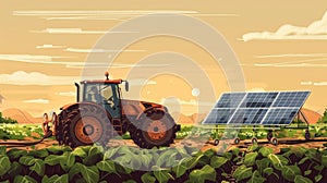 A closeup of a solar panel affixed to a tractor and ready to cultivate a field using renewable energy. .