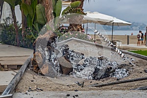 Closeup of some espetos prepared on skewers and open flame on fireplace with olive trees wood on the beach.