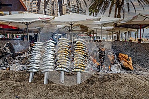 Closeup of some espetos prepared on skewers and open flame on fireplace with olive trees wood on the beach.