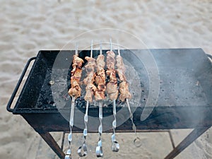 Closeup of some grilled meat skewers in a barbecue standing on the sand by the sea