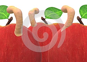 Closeup of some red apples infested with worms against a white backdrop