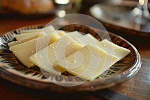 Closeup of some slices of manchego cheese from Spain