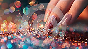 A closeup of someones hand applying glitter to their nails following an augmented reality tutorial for a festive photo