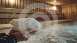 A closeup of someones hand holding a cold compress while sitting in a sauna utilizing the combination of heat and cold photo