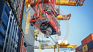 A closeup of a sophisticated gantry crane showcasing its intricate hydraulic arm and strong electromechanical grip on a