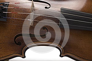 Closeup sound body strings violin white background