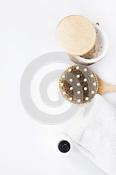 Closeup spa products some bath accessories on white background