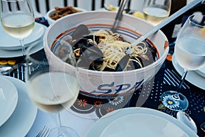 Closeup of spaghetti with mussels alla Tarantina photo