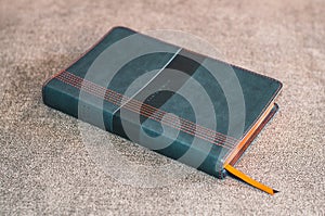 Closeup of a Spanish Bible with a leather cover