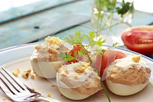 Closeup of Spanish deviled eggs