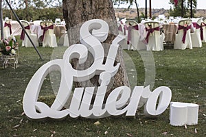 Closeup of a Spanish phrase Si Quiero under a tree in a wedding reception photo