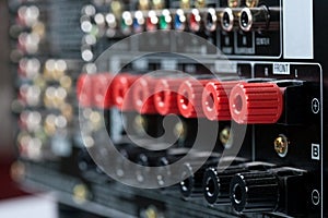 Closeup of speaker terminals on AV Receiver