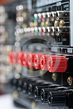 Closeup of speaker terminals on AV Receiver