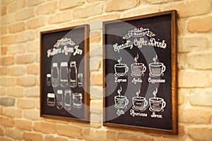 Closeup of a special coffee menu written on a blackboard with chalk in a coffee shop