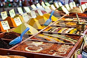 Closeup of spices on sale market