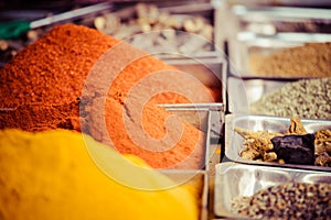 Closeup of spices on sale market.