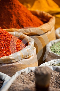 Closeup of spices on sale market.