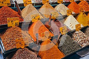 Closeup of spices on sale market. Turkey, Istanbul