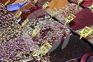 Closeup of spices on sale market. Turkey, Istanbul Grand Bazaar