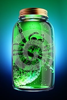 Closeup spider in jar with green liquid.