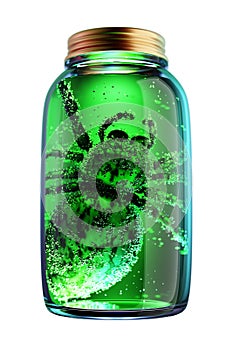 Closeup spider in jar with green liquid.