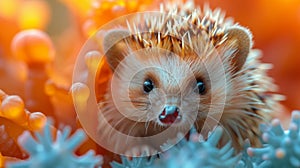 Closeup of a spiky hedgehogs quills standing on end as it curls into a protective ball photo