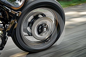 closeup of spinning motorcycle wheel in motion