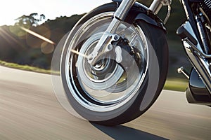 closeup of spinning motorcycle wheel in motion