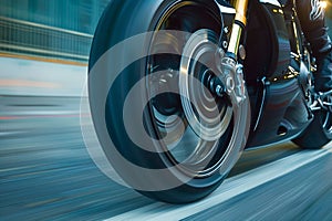 closeup of a spinning motorcycle wheel in motion