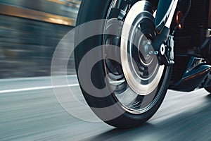 closeup of a spinning motorcycle wheel in motion