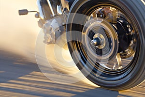 closeup of a spinning motorcycle wheel in motion