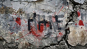 A closeup of a spraypainted message scrawled across a cracked concrete wall calling for unity and rebellion against