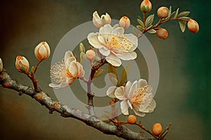 Closeup of spring apricot blossom flower on dark bokeh background