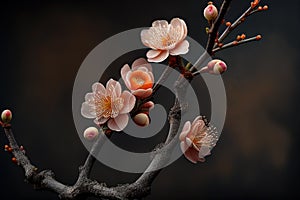 Closeup of spring blossom flower on dark bokeh background. Macro cherry blossom tree branch